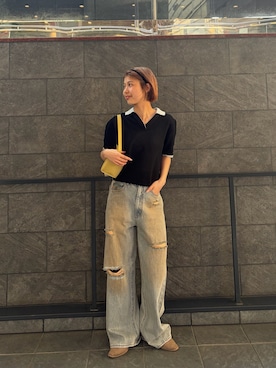 「KBF（ケイビーエフ）のレイヤードライクニットシャツ（ニット/セーター、ブラック系）」を使った、ナガタエリさん（レディース・158cm）の春コーディネート
