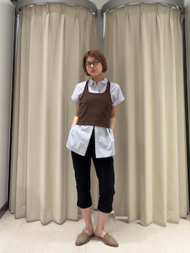 「KBF（ケイビーエフ）の『STAFF DESIGN PROJECT』ホルターネックSETシャツ（シャツ/ブラウス、ブルー系）」を使った、ナガタエリさん（レディース・158cm）の春コーディネート