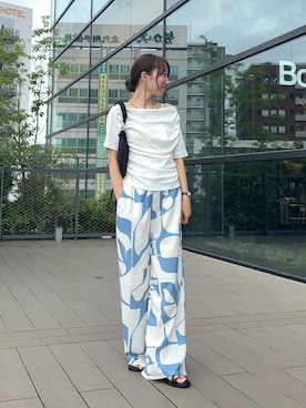 「SENSE OF PLACE by URBAN RESEARCH(センスオブプレイスバイアーバンリサーチ)のシアードレープトップ(半袖)(Tシャツ/カットソー、ホワイト系)」を使った、ainoさん(レディース・156cm)の夏コーディネート