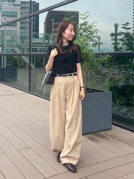 「SENSE OF PLACE by URBAN RESEARCH(センスオブプレイスバイアーバンリサーチ)のレースドレープトップ(Tシャツ/カットソー、ブラック系)」を使った、ainoさん(レディース・156cm)の夏コーディネート