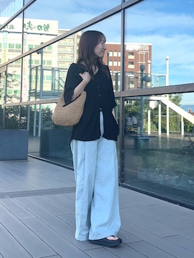 「SENSE OF PLACE by URBAN RESEARCH(センスオブプレイスバイアーバンリサーチ)のシャーリングチュニックブラウス(シャツ/ブラウス、ブラック系)」を使った、ainoさん(レディース・156cm)の夏コーディネート
