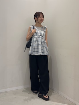 「SENSE OF PLACE by URBAN RESEARCH(センスオブプレイスバイアーバンリサーチ)のウエストギャザーチェックペプラムブラウス(シャツ/ブラウス、ホワイト系)」を使った、ainoさん(レディース・156cm)の夏コーディネート
