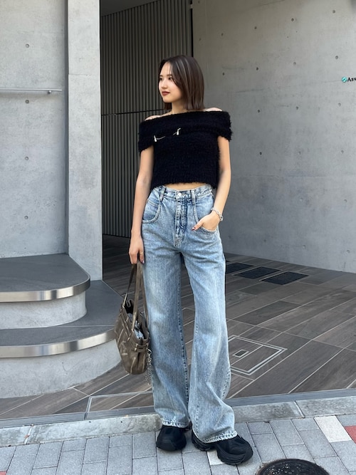 EMODA ハイウエスト ワイドレッグ デニムパンツ EMODA ジーンズ デニム デニムパンツ ハングレースアップハイ