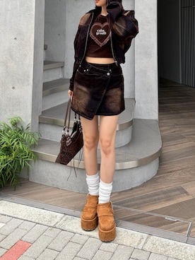「EMODA（エモダ）のフロッキーデニムショートブルゾン（ブルゾン、ブラウン系）」を使った、李　相美さん（レディース・162cm）の夏コーディネート