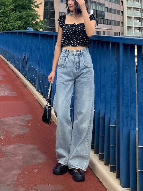 EMODA ハイウエスト ワイドレッグ デニムパンツ EMODA ジーンズ デニム デニムパンツ ハングレースアップハイ