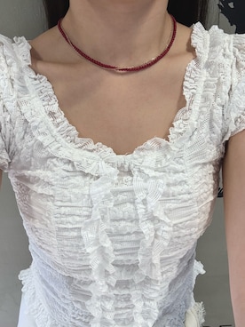 「SMELLY（スメリー）のステンレスカラービーズ2セットネックレス（ネックレス、レッド系）」を使った、　　Rinaさん（レディース・158cm）の夏コーディネート