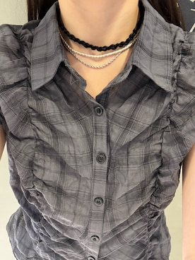 「SMELLY（スメリー）のベロアパールレイヤードチョーカー（ネックレス、ブラック系）」を使った、　　Rinaさん（レディース・158cm）の夏コーディネート