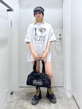 「X-girl（エックスガール）のFADED I LOVE X-GIRL S/S BIG TEE DRESS（ワンピース、グレー系）」を使った、さあやさん（レディース・154cm）の春コーディネート