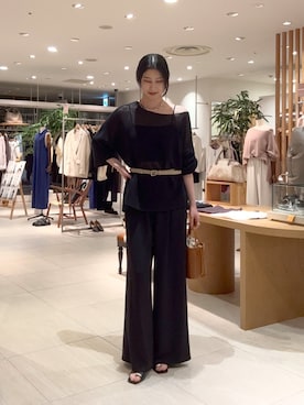 「GALLARDAGALANTE（ガリャルダガランテ）のペーパーヤーンメッシュニット（Knitwear、ブラック系）」を使った、moeさん（レディース・169cm）の夏コーディネート