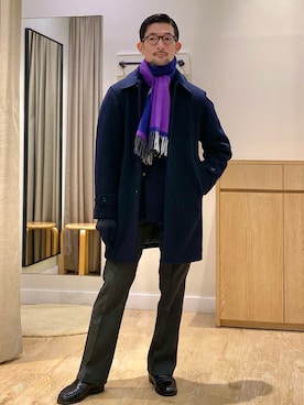 「NOLLEY'S goodman（ノーリーズグッドマン）のアイテム（ステンカラーコート）」を使った、ueta.sさん（メンズ・166cm）の冬コーディネート