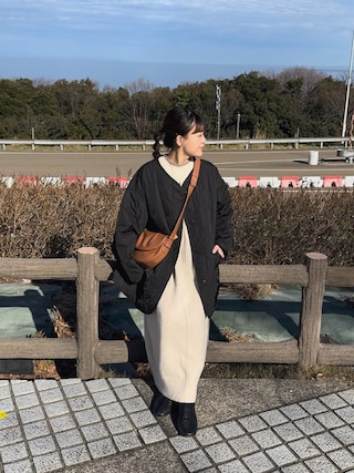 「classicalelf(クラシカルエルフ)のミドル丈ノーカラー無地波型キルティングジャケット(ノーカラージャケット)」を使った、chicchimoさん(レディース・152cm)の冬コーディネート