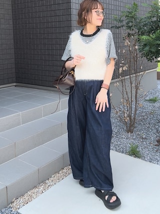 「classicalelf（クラシカルエルフ）のぽこぽこが可愛い！ストレッチ素材シャーリングギンガムチェックトップス（半袖）（Tシャツ/カットソー）」を使った、chicchimoさん（レディース・152cm）の秋コーディネート