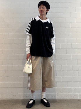 「adidas（アディダス）のTRF ボウリング バッグ / アディダスオリジナルス adidas Originals（ハンドバッグ、ベージュ系）」を使った、KSさん（メンズ・172cm）の夏コーディネート