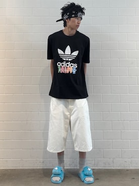 「adidas（アディダス）のアディレッタ ケアベア / アディダスオリジナルス adidas Originals（サンダル、ブルー系）」を使った、KSさん（メンズ・172cm）の夏コーディネート