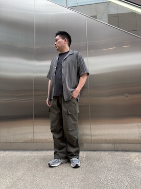 「ITEMS URBANRESEARCH（アイテムズ アーバンリサーチ）のマルチストライプレースオープンカラーショートスリーブシャツ（シャツ/ブラウス、グリーン系）」を使った、yujiroさん（メンズ・170cm）の夏コーディネート