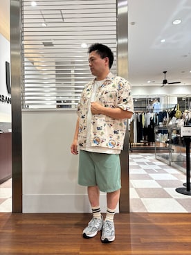 「ITEMS URBANRESEARCH（アイテムズ アーバンリサーチ）のアロハプリントオープンカラー半袖シャツ（シャツ/ブラウス、ベージュ系）」を使った、yujiroさん（メンズ・170cm）の夏コーディネート