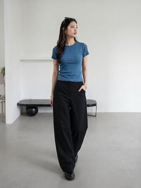 「Dickies（ディッキーズ）の【ROOPTOKYO 別注】Dickies/ディッキーズ EASY WORK PANTS イージーワークパンツ ユニセックス チノパンツ 2026年春夏（チノパンツ、ブラック系）」を使った、aiさん（レディース・165cm）の夏コーディネート