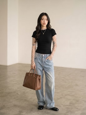 「YOUNG&OLSEN The DRYGOODS STORE（ヤングアンドオルセン）のYOUNG & OLSEN/ヤングアンドオルセン EMBOSSED LEATHER BELTED TOTE S エンボスレザー ベルテッド トートバッグ 2026年春夏　再入荷（トートバッグ、ブラウン系）」を使った、aiさん（レディース・165cm）の夏コーディネート