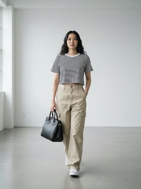 「YOUNG&OLSEN The DRYGOODS STORE（ヤングアンドオルセン）のYOUNG & OLSEN/ヤングアンドオルセン EMBOSSED LEATHER BELTED TOTE S エンボスレザー ベルテッド トートバッグ 2026年春夏　再入荷（トートバッグ、ブラック系）」を使った、aiさん（レディース・165cm）の春コーディネート