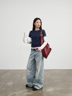 「GILDAN（ギルダン）の【ROOPTOKYO】GILDAN ６oz クルーネック 袖リブ ロングスリーブTee /ロンT 無地カットソー オーバーサイズ 2026年春夏（Tシャツ/カットソー、ホワイト系）」を使った、aiさん（レディース・165cm）の夏コーディネート