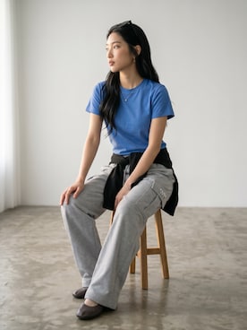 「GILDAN（ギルダン）の【ROOPTOKYO】GILDAN ６oz クルーネック 袖リブ ロングスリーブTee /ロンT 無地カットソー オーバーサイズ 2026年春夏（Tシャツ/カットソー、ブラック系）」を使った、aiさん（レディース・165cm）の夏コーディネート