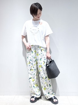 「Reflect（リフレクト）の【REGENCY WORKS／Reflect別注カラーあり】サークルモチーフTシャツ（Tシャツ/カットソー、ホワイト系）」を使った、まちこさん（レディース・157cm）の夏コーディネート