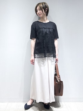 「Reflect（リフレクト）の【UVカット／接触冷感／手洗い可】ラッセルレースプルオーバー（Tシャツ/カットソー、ブラック系）」を使った、まちこさん（レディース・157cm）の夏コーディネート
