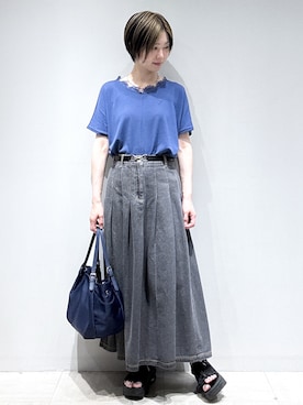 「Reflect（リフレクト）の【二の腕カバー／手洗い可】ネックレース フレンチスリーブニット（ニット/セーター、ブルー系）」を使った、まちこさん（レディース・157cm）の夏コーディネート