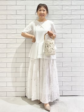 「OPAQUE.CLIP（オペークドットクリップ）のペプラムドッキングカットソー【洗濯機OK】（Tシャツ/カットソー、ホワイト系）」を使った、yさん（レディース・148cm）の夏コーディネート