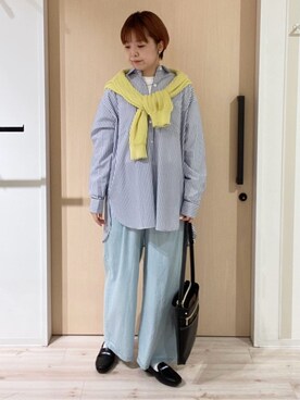 「SHOO・LA・RUE（シューラルー）の編み柄が上品 ラメ配色透かし編みカーディガン（カーディガン/ボレロ、イエロー系）」を使った、ひらしーさん（レディース・164cm）の春コーディネート