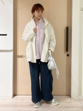 「SHOO・LA・RUE（シューラルー）の【防花粉/S-LL】ウエストマークですっきり見え　軽やかスタンドブルゾン（ブルゾン、ホワイト系）」を使った、ひらしーさん（レディース・164cm）の春コーディネート