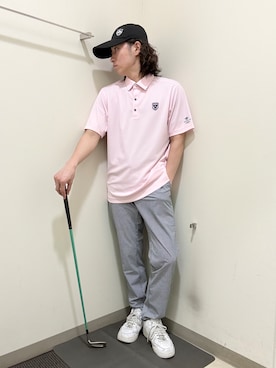 「adabat（アダバット）の【ADABAT NAVY】吸水速乾/UVカット シャダンカノコエンブレム半袖ポロシャツ（ポロシャツ、ピンク系）」を使った、やすさん（167cm）の夏コーディネート