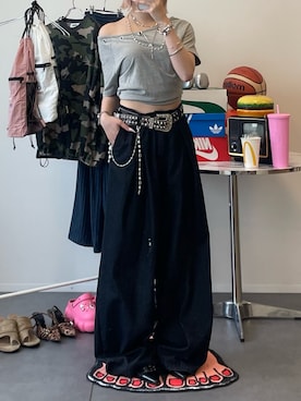 「Unblend（アンブレンド）の【Unblend】2Way ボートネック/ワンショルダー ハトメラグランスリーブ半袖Tシャツ〈セットアップ対応〉（Tシャツ/カットソー、グレー系）」を使った、hnaadayoさん（レディース・161cm）の夏コーディネート