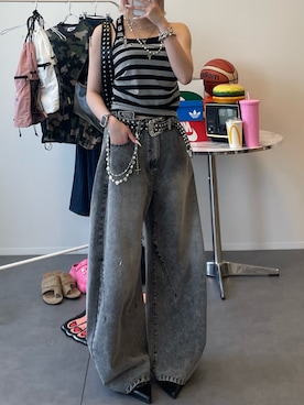 「Snap club（スナップクラブ）の【Snap club】ヴィンテージ加工ワイドカーブデニムパンツ（デニムパンツ、グレー系）」を使った、hnaadayoさん（レディース・161cm）の夏コーディネート
