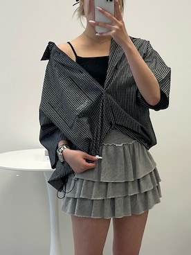 「THE CRAFT CREW PRODUCTS（ザクラフトクループロダクツ）のマルチファンクショナル ファンクショナルファブリック ビッグシルエット ドローコード Wポケットチェックシャツ【THE CRAFT CREW PRODUCTS】（シャツ/ブラウス、ブラック系）」を使った、hnaadayoさん（レディース・161cm）の春コーディネート