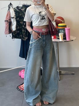 「Snap club（スナップクラブ）の【Snap club】ヴィンテージ加工ワイドカーブデニムパンツ（デニムパンツ、ブルー系）」を使った、hnaadayoさん（レディース・161cm）の夏コーディネート