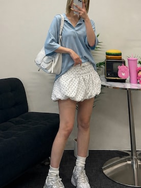 「MONO-MART（モノマート）のビッグシルエット カラーリングワッフル ヘンリーネック半袖Tシャツ（Tシャツ/カットソー、ブルー系）」を使った、hnaadayoさん（レディース・161cm）の春コーディネート
