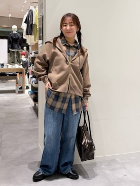 「GLOBAL WORK（グローバルワーク）のダンボールZIPパーカー/1054524（パーカー、ブラウン系）」を使った、momo12gwさん（レディース・155cm）の秋コーディネート