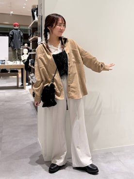 「GLOBAL WORK（グローバルワーク）のストレッチ総レースフーディー/1054133（Tシャツ/カットソー、ホワイト系）」を使った、momo12gwさん（レディース・155cm）の秋コーディネート