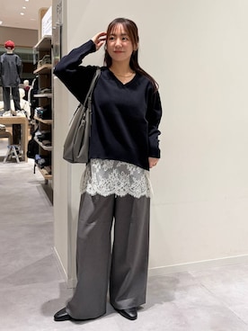 「GLOBAL WORK（グローバルワーク）のスペ軽5ROOM2WAYバッグ/1060168（トートバッグ、グレー系）」を使った、momo12gwさん（レディース・155cm）の秋コーディネート