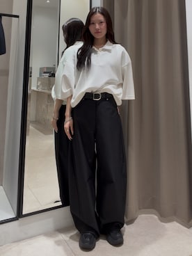 「Lui's（ルイス）のポンチオーバーポロシャツ（Tシャツ/カットソー、ホワイト系）」を使った、坪川佳凛さん（レディース・165cm）の夏コーディネート