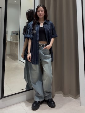 「Lui's（ルイス）のストライプオーバーシャツブルゾン（シャツ/ブラウス、ブルー系）」を使った、坪川佳凛さん（レディース・165cm）の夏コーディネート