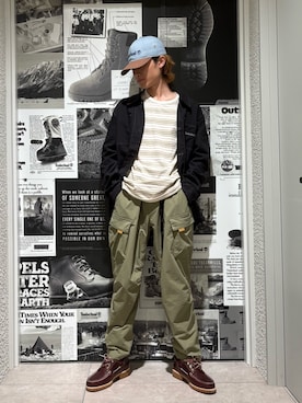 「Timberland（ティンバーランド）のストライプ 半袖 Tシャツ ユニセックス（Tシャツ/カットソー、ベージュ系）」を使った、Reeさん（メンズ・172cm）の夏コーディネート