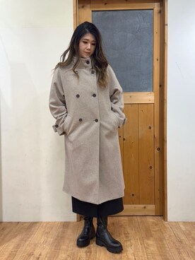 「DRESKIP（ドレスキップ）の【S-LL】大人のきれいめスタイルに ウール調スタンドロングコート（その他アウター、ベージュ系）」を使った、Ayana.さん（レディース・168cm）の秋コーディネート