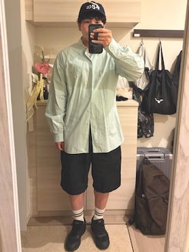 「A.P.C.（アーペーセー）のCASQUETTE TOILE APC X LACOSTE（キャップ、ホワイト系）」を使った、MIKEさん（メンズ・173cm）の春コーディネート