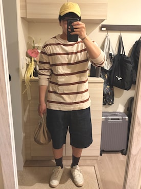 「Maison Kitsune（メゾンキツネ）のBOLD FOX HEAD LEATHER PATCH 6P CAP（キャップ、ベージュ系）」を使った、MIKEさん（メンズ・173cm）の春コーディネート