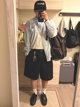 「Maison Kitsune（メゾンキツネ）のBASEBALL CAP PARISIEN（キャップ、ブルー系）」を使った、MIKEさん（メンズ・173cm）の春コーディネート