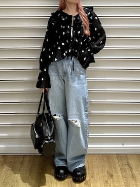 「LOWRYS FARM（ローリーズファーム）のスタイルＵＰクロスカップキャミ　100757（Tシャツ/カットソー、ホワイト系）」を使った、もえりんさん（レディース）の春コーディネート