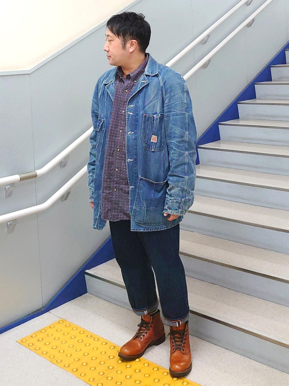 「ヴィンテージ、50's、payday、カバーオール、アメカジ、RED WING、BECKMAN、LEE、デニムオンデニム、デニデニ、柄シャツ、クラシックワーク、WAREHOUSE、休日コーデ、秋冬コーデ」｜「50's PAY DAYのアイテム（カバーオール、ブルー系）」を使った、とこちんさん（メンズ・167cm）の秋コーディネートの1枚目の写真