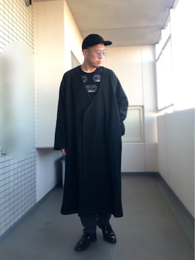 「ノーカラー」｜「アイテム（ノーカラーコート）」を使った、Masato Kurosakiさん（メンズ・174cm）の冬コーディネート